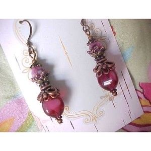 Art to Wear Copper Cranberry Pink Collectible Magenta Glass Bead Earrings Gift